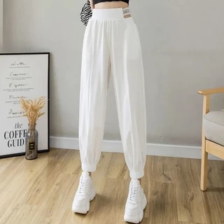 Quần Jogger Thể Thao Lưng Thun Co Giãn Màu Trắng Đen Dành Cho Nữ