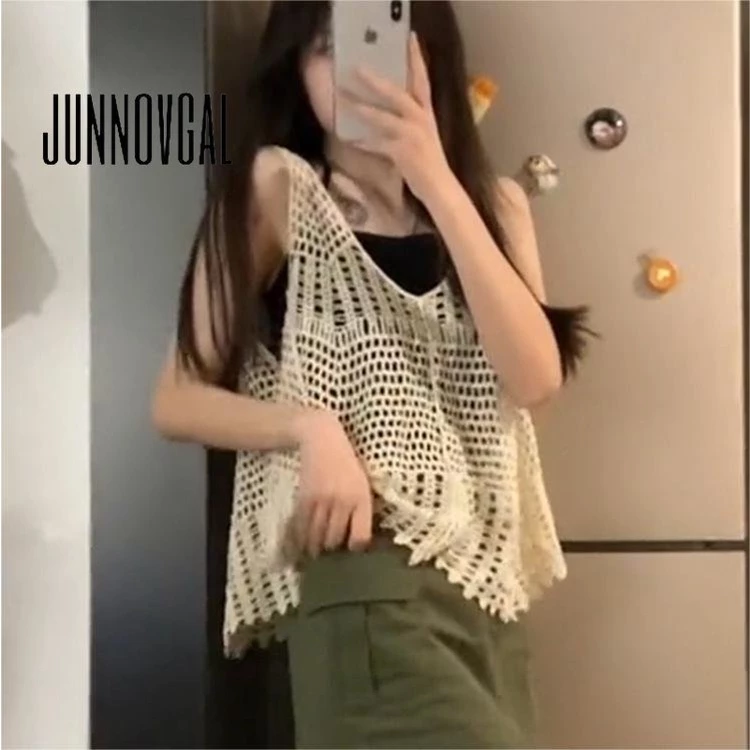 Junnovgal women's 2023 thời trang mới màu rắn cổ v không tay áo khoác rỗng