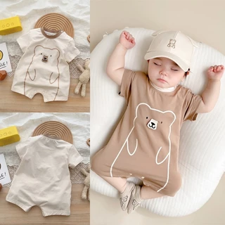 Bộ Áo Liền Quần Bằng Cotton Tay Ngắn In Hình Gấu Hoạt Hình Dễ Thương Thời Trang Mùa Hè Cho Bé Trai 0-2 Tuổi