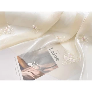 Vải Organza Bóng Thêu Hoa Màu Rượu Champagne Đính Ngọc Trai Trong Suốt Dùng May Váy Sườn Xám