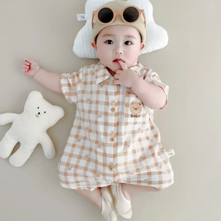 Bộ Áo Liền Quần Bằng cotton Tay Ngắn In Hoạt Hình Gấu Dành Cho Bé Trai Gái 0-24 Tháng Tuổi