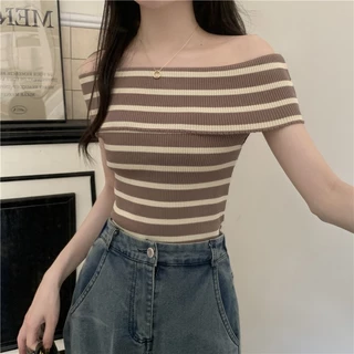 Giày Thể Thao Thời Trang Cá Tính✨Real Shot Striped One-Shoulder Knitwear Women Summer Slim-fit Striped Slimmer Look Top Women (