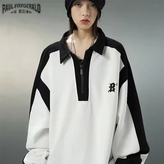 Paul FITZGERALD Áo sweater Thể Thao Dáng Rộng Cổ polo Ghép Nối Nửa Dây Kéo Nửa Màu Tương Phản Phong Cách