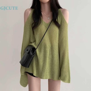 Áo sweater Nữ Tay Dài Trễ Vai Cổ Chữ v Màu Trơn Gợi Cảm