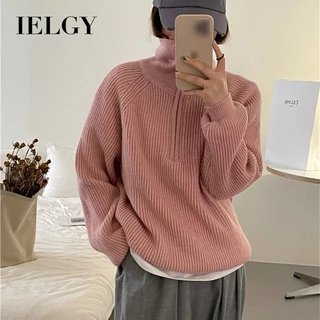 Áo sweater IELGY cổ đứng dáng rộng mềm mại phối khóa kéo thời trang cho nữ