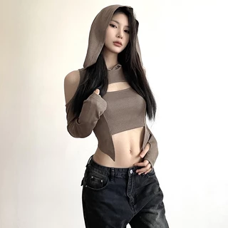 Kliou Áo Croptop Có Mũ Trùm Đầu Tay Dài Khoét Lỗ Kiểu Dáng Đơn Giản Thời Trang vintage Dành Cho Nữ