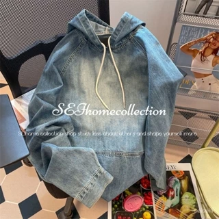 [SEI HOME] national fashion retro advanced Hong Kong style denim sweater men's and women's autumn and winter American oversize heavy hoodie coat