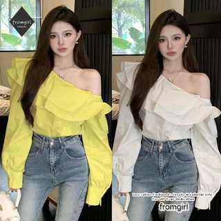 Early spring off-the-shoulder long-sleeved shirt women's 2023 new long-sleeved french design sensual temperament short top