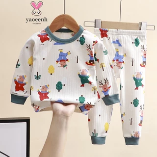 【YAOEENH】73-170cm bộ đồ ngủ hoạt hình cotton tinh khiết dành cho trẻ em trung bình lớn bé trai bé gái cổ tròn dài tay đồ lót mùa thu quần áo dài quần áo trẻ em ở nhà sẵn sàng vận chuyển nhanh