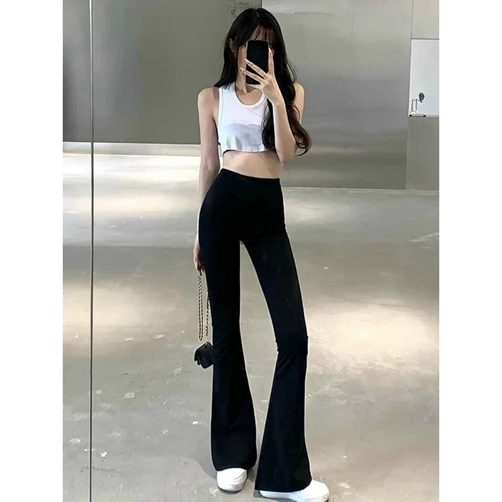 Quần ống loe nữ, cạp Thun lưng cao , chất liệu vải tăm co giãn thoải mái, không bai, không xù
