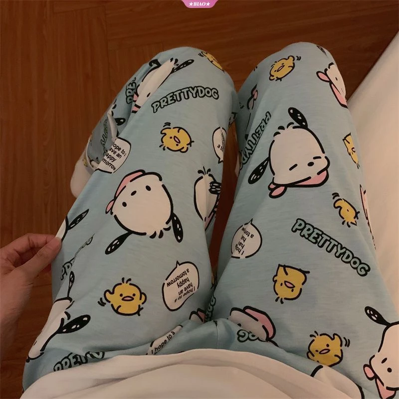 Sanrios pochacco kuromi phim hoạt hình in trang chủ quần pyjama harajuku thời trang dạo phố quần người phụ nữ người đàn ông chân rộng quần thời trang