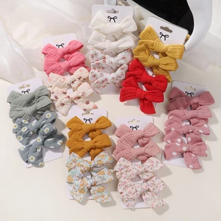 Set 4 Kẹp Tóc Nơ Vải Lanh cotton In Hoa Cho Bé Gái