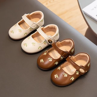 Lovely baby girls toddler leather flat shoes thêu cherry soft sole thoải mái anti-slippery kids shoes 0-4 tuổi