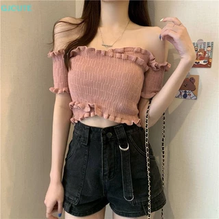 Áo Croptop Dệt Kim Trễ Vai Tay Ngắn Dáng Ôm Thời Trang Mùa Hè Cho Nữ