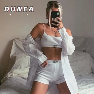 DUNEA Set Áo Croptop Hai Dây Và Quần Short Chất Cotton Cho Phái Nữ