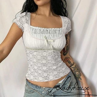 Áo Thun Crop Top Tay Ngắn Cổ Vuông Phối Ren Thời Trang Mùa Hè Cho Nữ