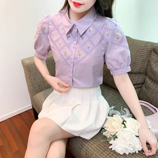 Sang trọng / thêu / áo sơ mi / nữ / 2024 / mùa hè / Phong cách mới / Cotton nguyên chất / Slim-fit / thon gọn hơn / Tay phồng / Sang trọng / Top Women PSZQ