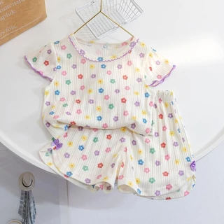 Bộ Đồ Ngủ Áo Tay Ngắn Phối Quần Short Vải Cotton Mỏng In Hoa Kiểu Hàn Quốc Thời Trang Mùa Hè Cho Bé Gái