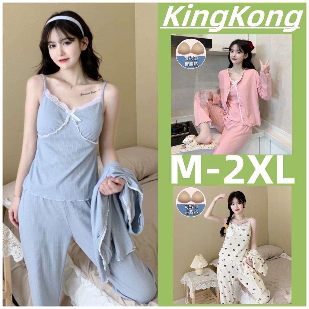 Bộ Đồ Ngủ 3 Món Bằng Cotton Tay Dài Dáng Rộng Plus size Thời Trang Thu Đông Cho Nữ M-5XL