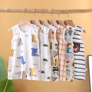 Áo Liền Quần Bằng Cotton Không Tay In Hoạt Hình Dành Cho Bé Trai Gái 0-24 Tháng Tuổi