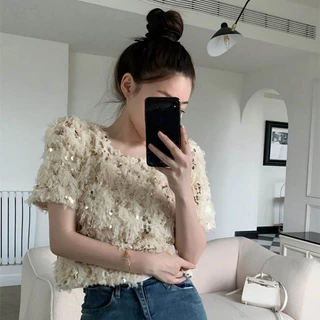 Feather sequined short-sleeved t-shirt nữ spring 2023 phong cách mới thiết kế sang trọng niche loose western style short top