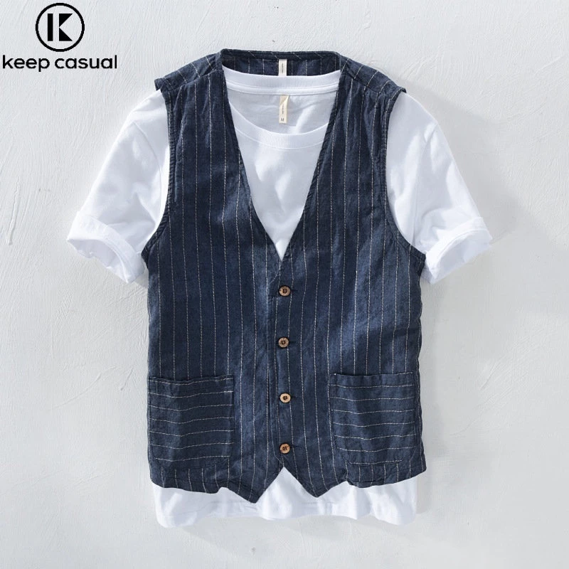 {Keep} Áo Vest vải lanh thông thường kiểu Anh Nam mỏng vừa vặn Bộ đồ công sở Áo ghi lê Áo Vest chuyên nghiệp Vải lanh Cotton không tay Trang phục trang trọng