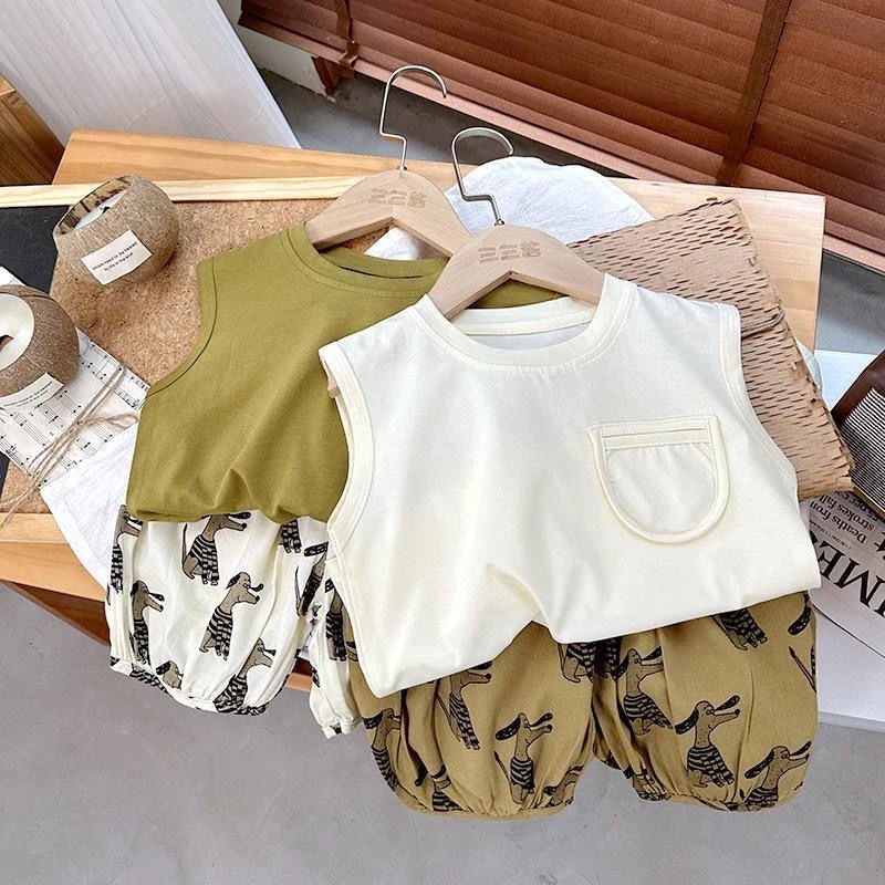 Bộ Áo Tank Top Màu Trơn In Hoạt Hình Phối Quần Short Thời Trang Mùa Hè Cho Bé