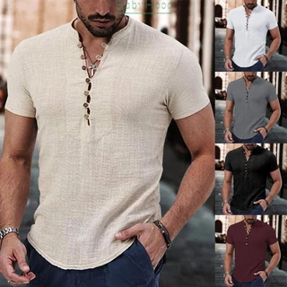 【Big Discounts】Mens Henley V Neck Casual Short Sleeve Shirt Button Down Blouse T Shirt Loose Fit Top#BBHOOD