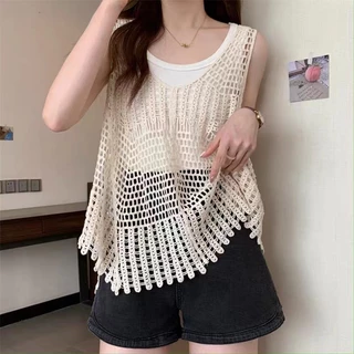 Áo tank top Hai Dây Dệt Kim Khoét Rỗng Kiểu vintage Thời Trang Mùa Hè Cho Bạn Gái