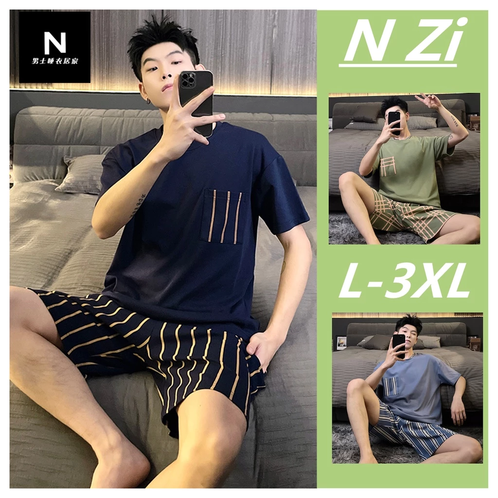 Hàng Mới Về Bộ Đồ Ngủ Cotton Tay Ngắn Cổ Tròn Họa Tiết Kẻ Sọc Kèm Túi Phong Cách Hàn Quốc Thời Trang Mùa Hè Cho Nam 2023