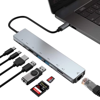 Đầu Đọc Thẻ Nhớ TF SD RJ45 LAN RJ45 LAN 8 Trong 1 Cổng USB C HUB HDMI 4K Cho Laptop PC Điện Thoại