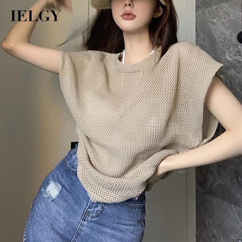 IELGY  Áo sweater Dệt Kim Rỗng Dáng Rộng Phong Cách Cá Tính Cho Nữ