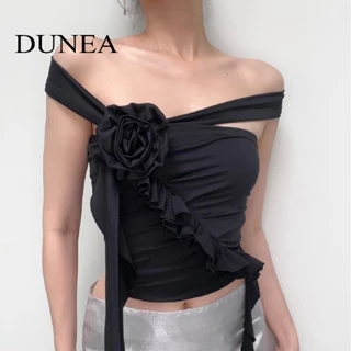 DUNEA Áo Tank Top Hở Vai Màu Đen Quyến Rũ Thời Trang Cho Nữ