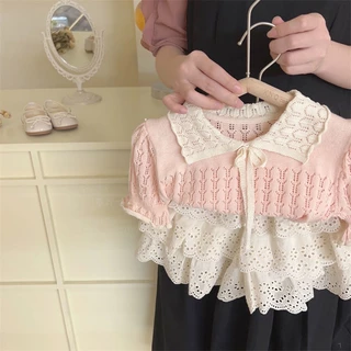 Bộ Áo Cotton Dệt Kim Màu Trơn + Quần Short Phối Ren Phong Cách Hàn Quốc Thời Trang Mùa Hè Cho Bé Gái