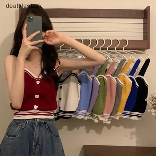 [sk] Phụ nữ sweet crop top thời trang mùa hè v-cổ nút tình yêu không tay Áo hai dây dệt kim sk