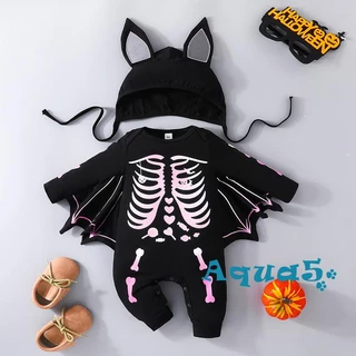 Aqua-baby halloween bat rompers trẻ sơ sinh bé trai cô gái bộ xương in bodysuit dài tay có mũ trang phục áo liền quần sơ sinh