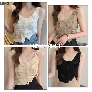 Áo Crop Top Dệt Kim Không Tay Màu Trơn Cài Nút Thời Trang Mùa Hè Cho Nữ