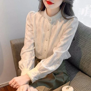 Áo Sơ Mi Chiffon Tay Dài Cổ Đứng Phối Ren Thời Trang Dành Cho Nữ