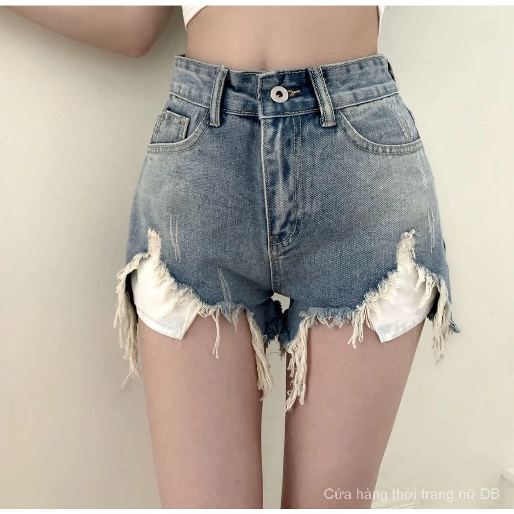 Rửa sạch frayed hem ripped quần short denim của phụ nữ phong cách hàn quốc mới hot quần ống rộng thẳng lưng cao hình tâng bốc quần ống rộng