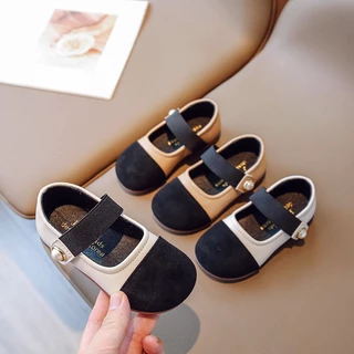 Elegant pearl baby girls matte leather leather flat shoes color matching elastic soft sole anti-slippery kids shoes 2-6 tuổi