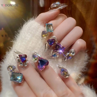 YADORNOS trang trí rhinestone lớn móng tay giả dài trong suốt nhẹ và dễ dính móng tay giả