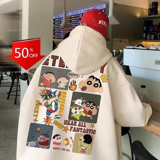 (vải đẹp)Áo hoodie dáng rộng lót cotton 100% hai lớp có mũ trùm thời trang cho unisex Cartoon Crayon Xiaoxin Velvet Áo len