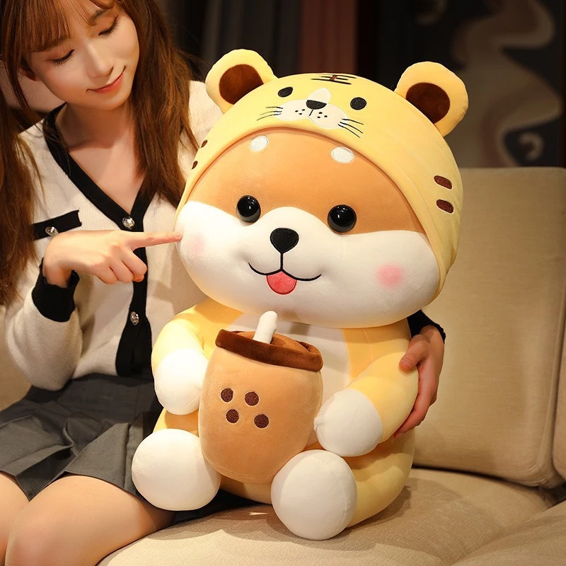 Gấu bông chó shiba cosplay hổ ôm trà sữa size 60-80cm - Thingkids