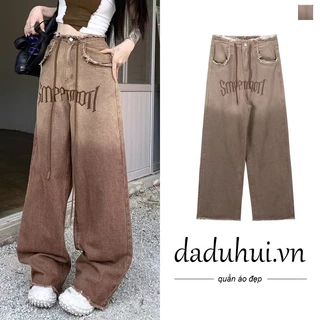 Daduhui New American Ins Retro Casual Pants Women's Letters Raw Edge High Waist Wide Leg Pants Trousers