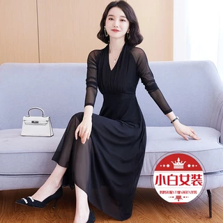 Đầm Dáng Chữ A Tay Dài Cổ Chữ V Phối Lưới Phong Cách Hàn Quốc Thời Trang Xuân Hè Cho Nữ Size 4XL