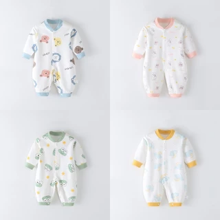 Bộ Áo Liền Quần Tay Dài Vải Cotton In Họa Tiết Dễ Thương Cho Bé Sơ Sinh