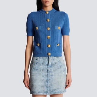 BALMA * 2023 Summer gold buckle elegant retro Klein blue knitted cardigan slim fit women's short top