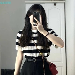 Áo Thun Croptop Dệt Kim Tay Ngắn Cổ Tròn Dáng Rộng Họa Tiết Kẻ Sọc Thời Trang Mùa Hè Cho Nữ