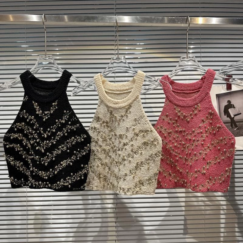 Áo Tank Top Dệt Kim Không Tay Thêu Hạt Thời Trang Xuân Hè Hàng Mới Dành Cho Bạn Nữ