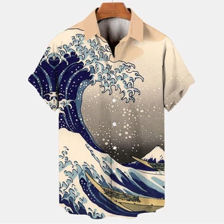 Retro Ocean Wave 3d In Áo Sơ Mi Nam Hawaii Thời Trang Thường Ngày Mùa Hè Áo Sơ Mi Nam Plus Kích Thước Tay Ngắn Ve Áo Rời Áo